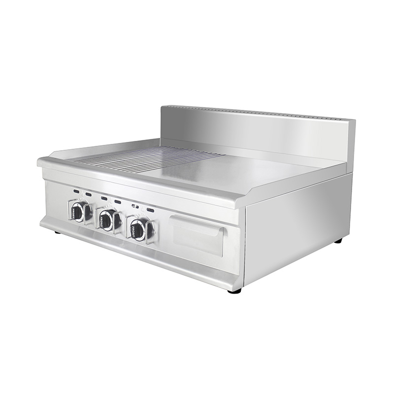 Plancha Comercial de Acero Inoxidable de Doble Combustible (Gas Natural/GLP) con Superficie Mixta (Media Ranurada, Media Lisa)