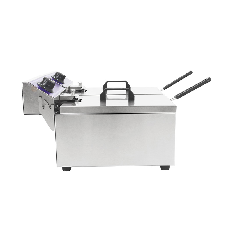 Freidora comercial eléctrica de encimera de acero inoxidable con panel azul con cesta doble