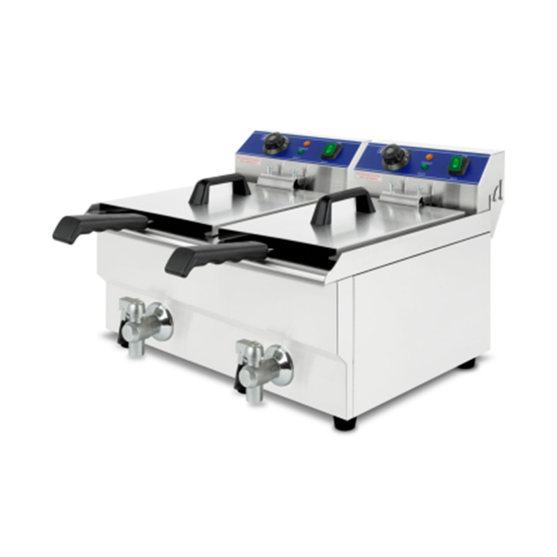 Freidora comercial eléctrica de encimera de acero inoxidable con cestas dobles y válvula