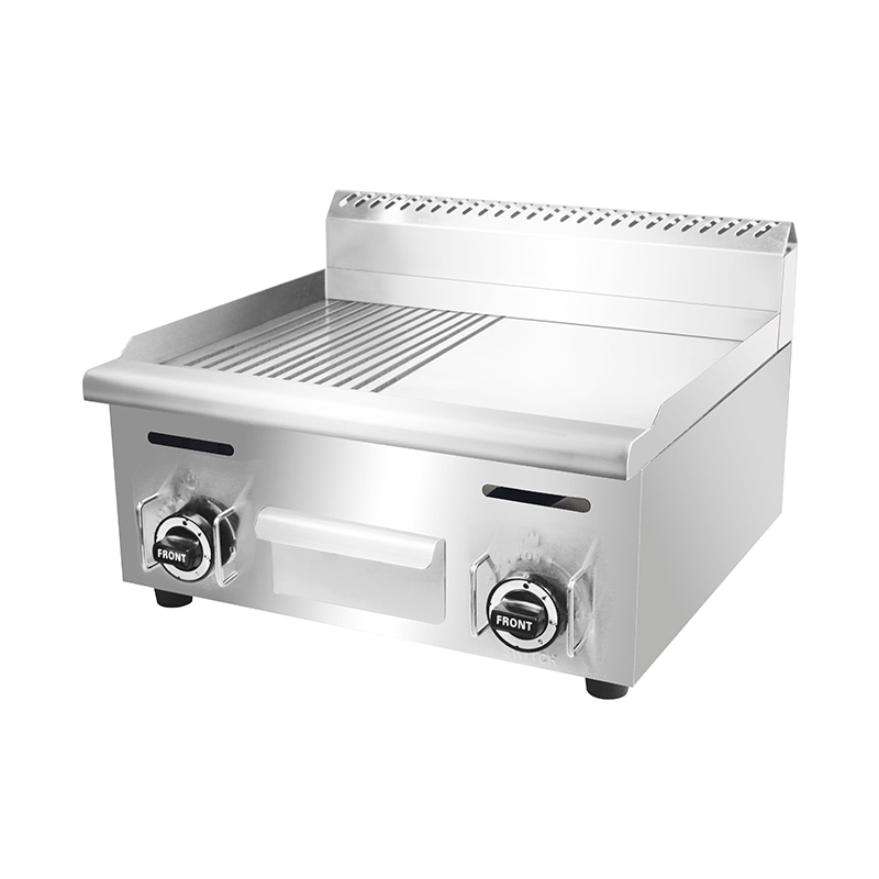 Plancha Comercial de Acero Inoxidable de Doble Combustible (Gas Natural/GLP) con Superficie Mixta (Media Ranurada, Media Lisa)