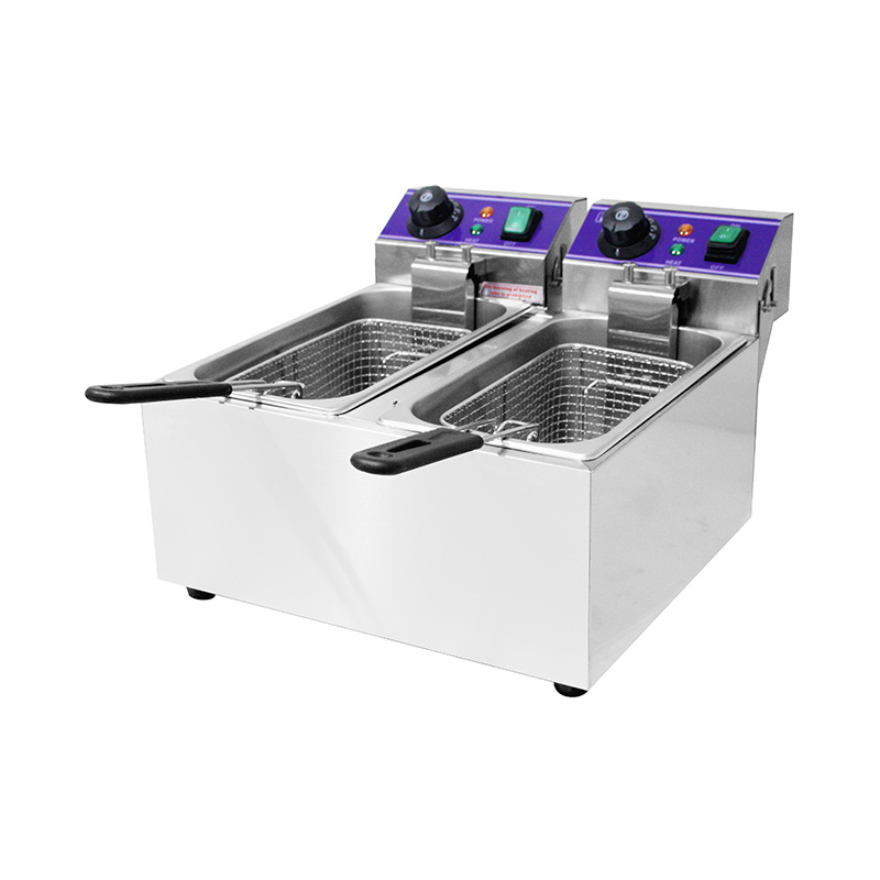 Freidora comercial eléctrica de encimera de acero inoxidable con panel azul con cesta doble