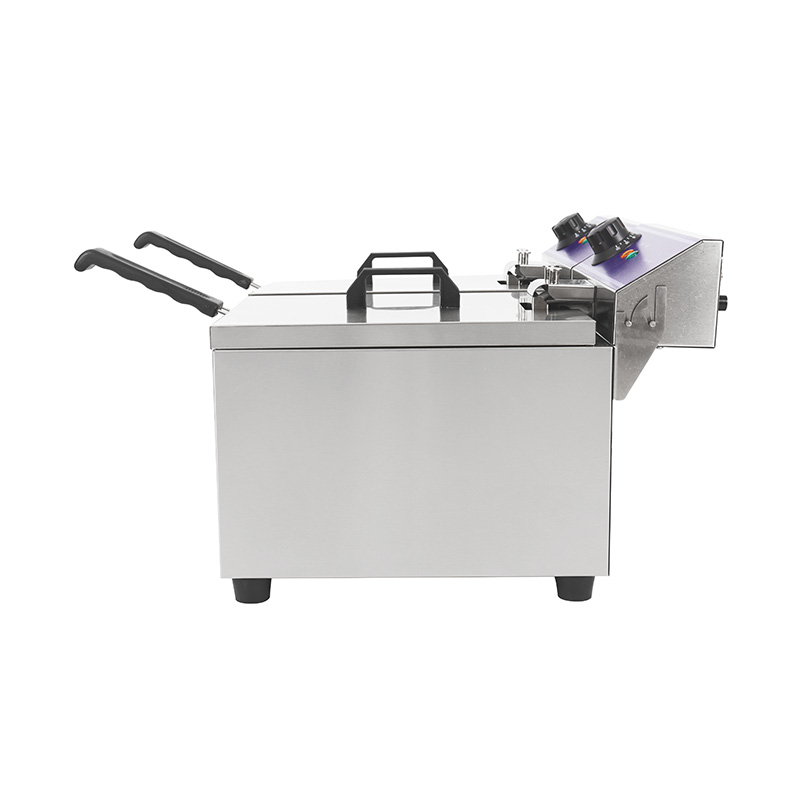 Freidora comercial eléctrica de encimera de acero inoxidable con panel azul con cesta doble