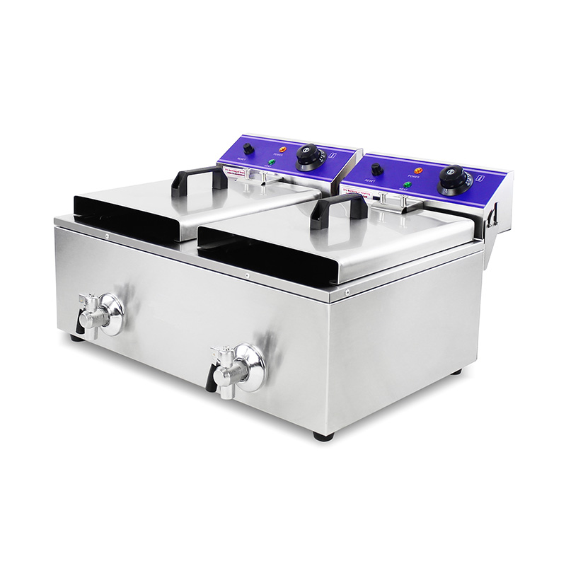 Freidora comercial eléctrica de encimera de acero inoxidable con cestas dobles y válvula