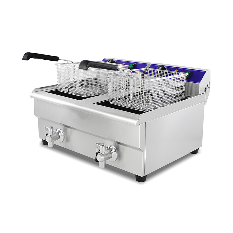 Freidora comercial eléctrica de encimera de acero inoxidable con cestas dobles y válvula