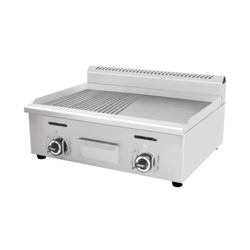 Plancha Comercial de Acero Inoxidable de Doble Combustible (Gas Natural/GLP) con Superficie Mixta (Media Ranurada, Media Lisa)