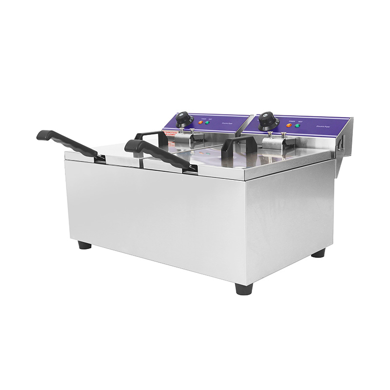 Freidora comercial eléctrica de encimera de acero inoxidable con panel azul con cesta doble