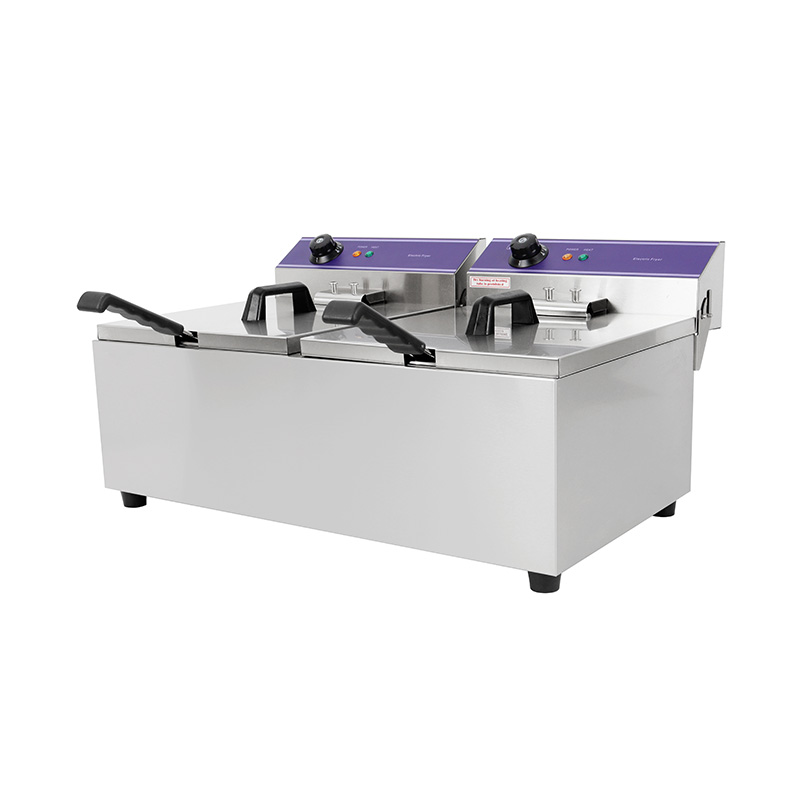 Freidora comercial eléctrica de encimera de acero inoxidable con panel azul con cesta doble