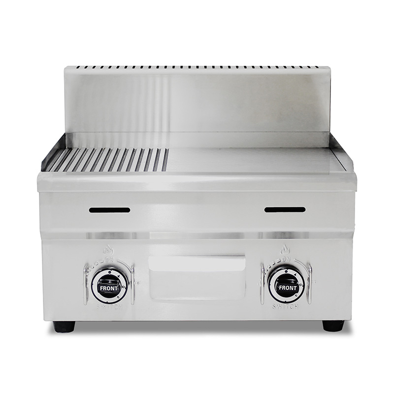 Plancha Comercial de Acero Inoxidable de Doble Combustible (Gas Natural/GLP) con Superficie Mixta (Media Ranurada, Media Lisa)