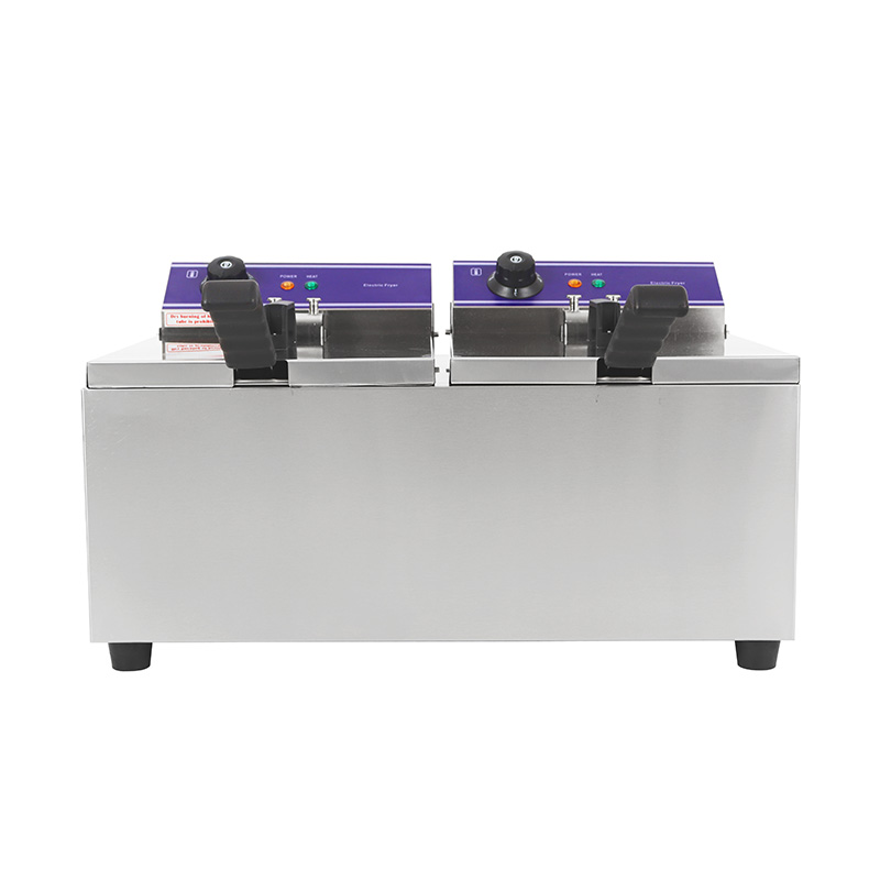 Freidora comercial eléctrica de encimera de acero inoxidable con panel azul con cesta doble