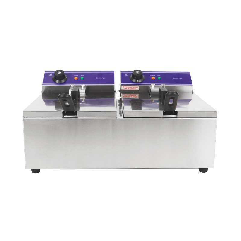 Freidora comercial eléctrica de encimera de acero inoxidable con panel azul con cesta doble