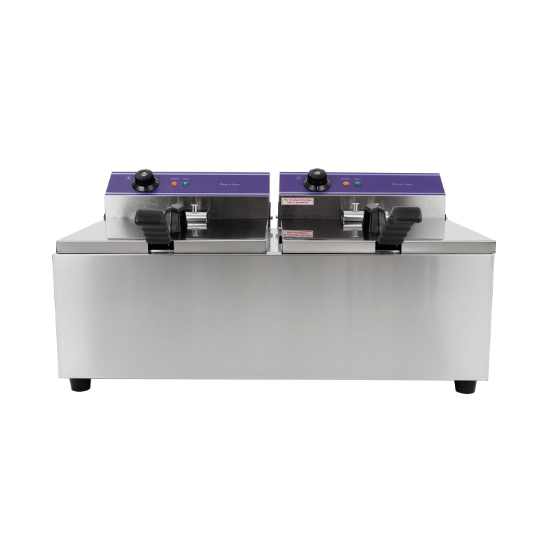 Freidora comercial eléctrica de encimera de acero inoxidable con panel azul con cesta doble