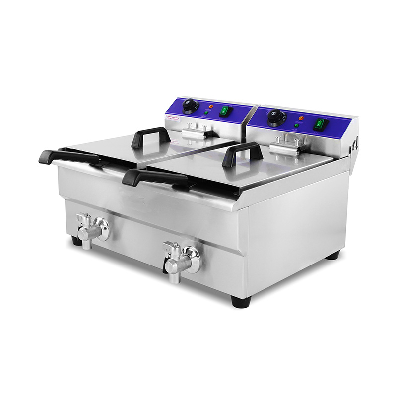 Freidora comercial eléctrica de encimera de acero inoxidable con cestas dobles y válvula