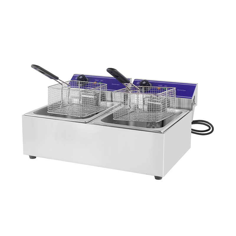 Freidora comercial eléctrica de encimera de acero inoxidable con panel azul con cesta doble