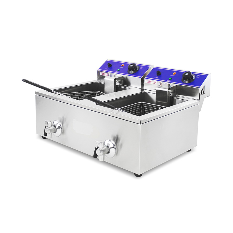 Freidora comercial eléctrica de encimera de acero inoxidable con cestas dobles y válvula