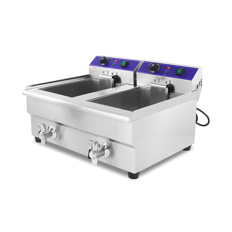 Freidora comercial eléctrica de encimera de acero inoxidable con cestas dobles y válvula