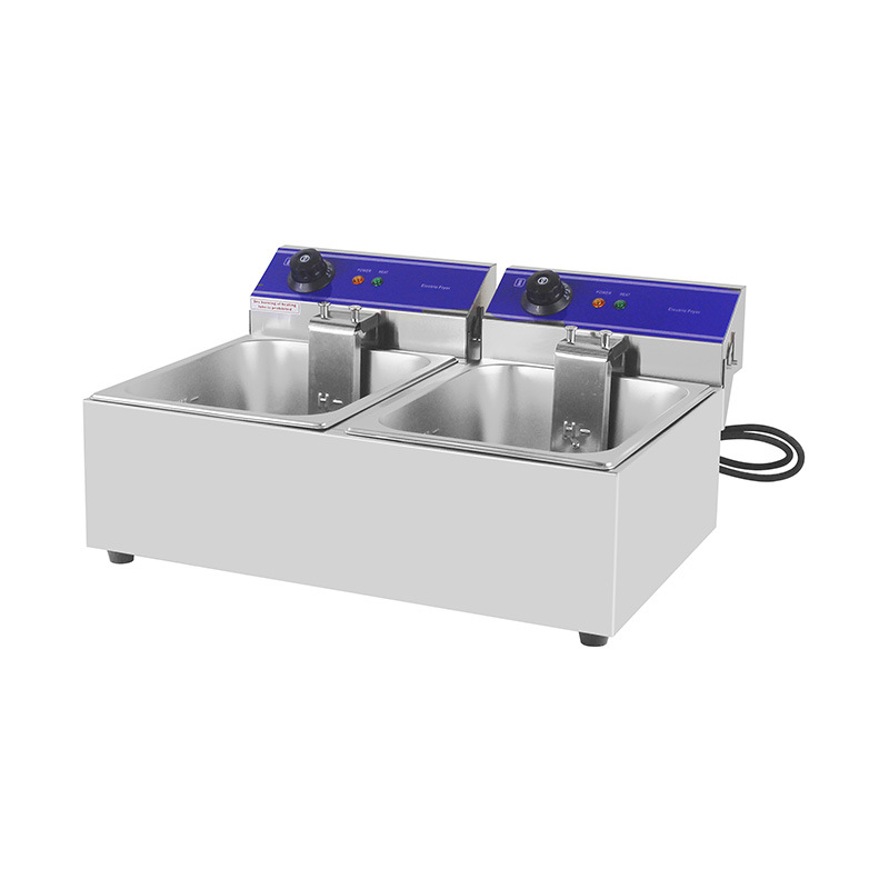 Freidora comercial eléctrica de encimera de acero inoxidable con panel azul con cesta doble