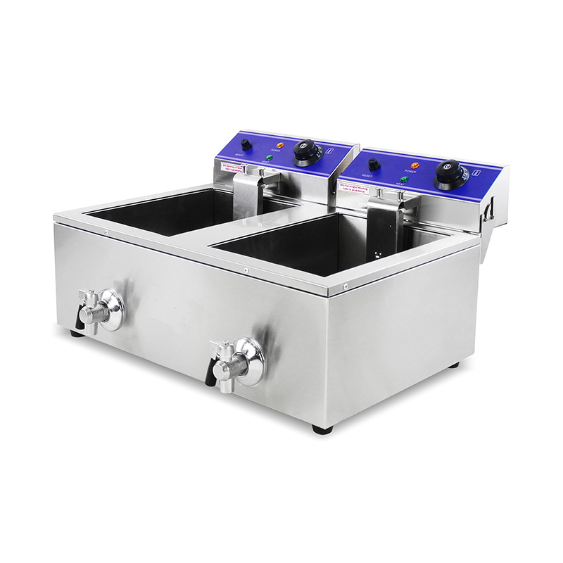 Freidora comercial eléctrica de encimera de acero inoxidable con cestas dobles y válvula