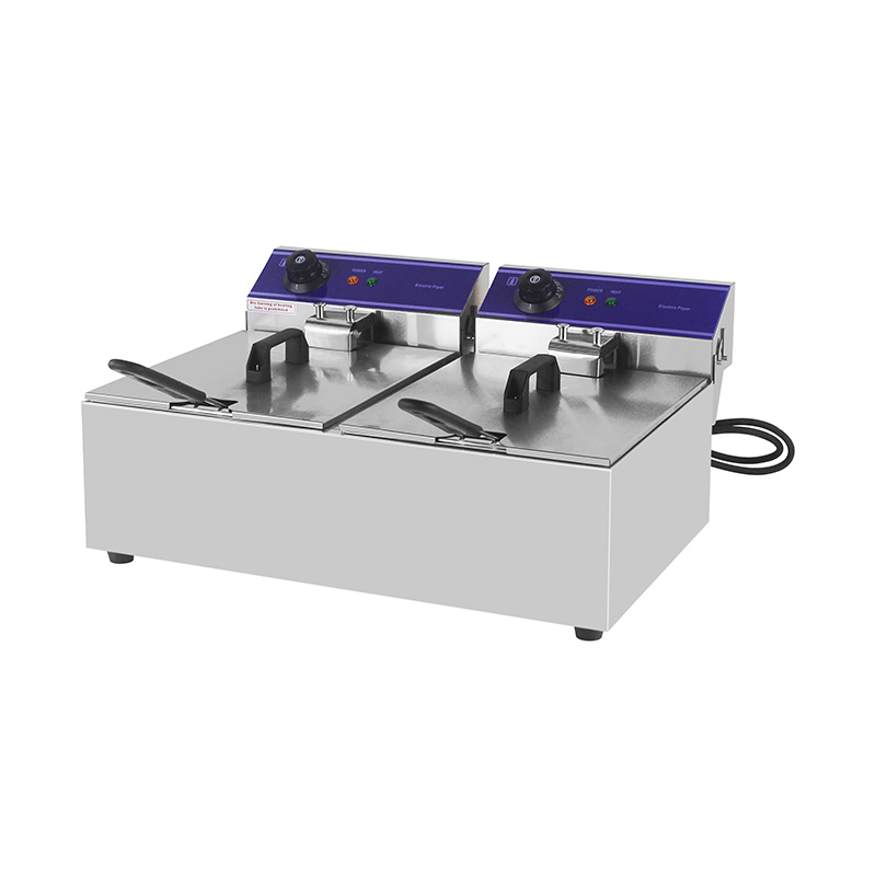 Freidora comercial eléctrica de encimera de acero inoxidable con panel azul con cesta doble