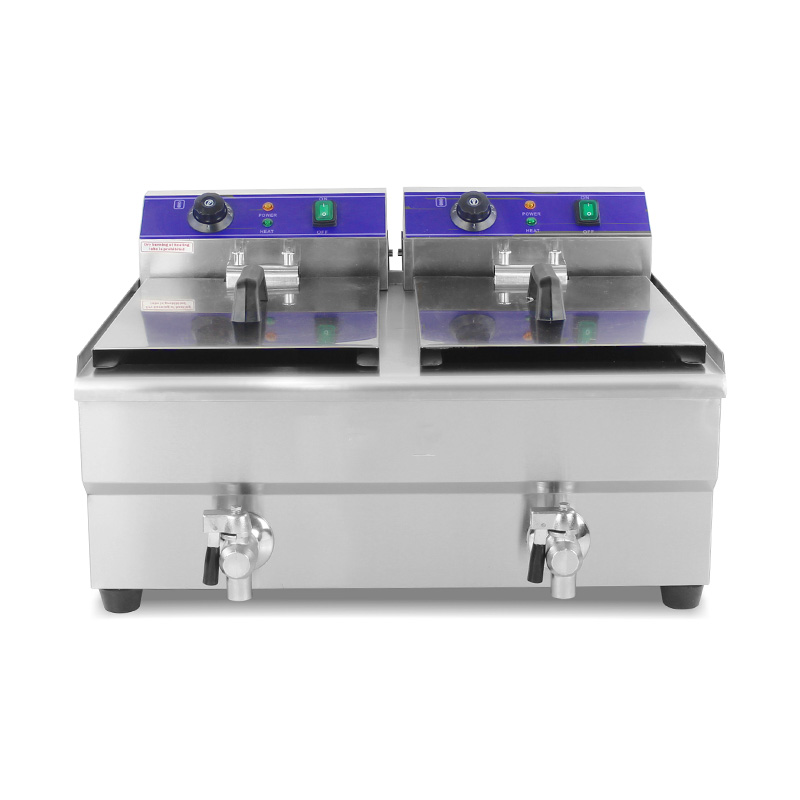 Freidora comercial eléctrica de encimera de acero inoxidable con cestas dobles y válvula