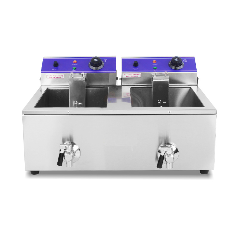 Freidora comercial eléctrica de encimera de acero inoxidable con cestas dobles y válvula