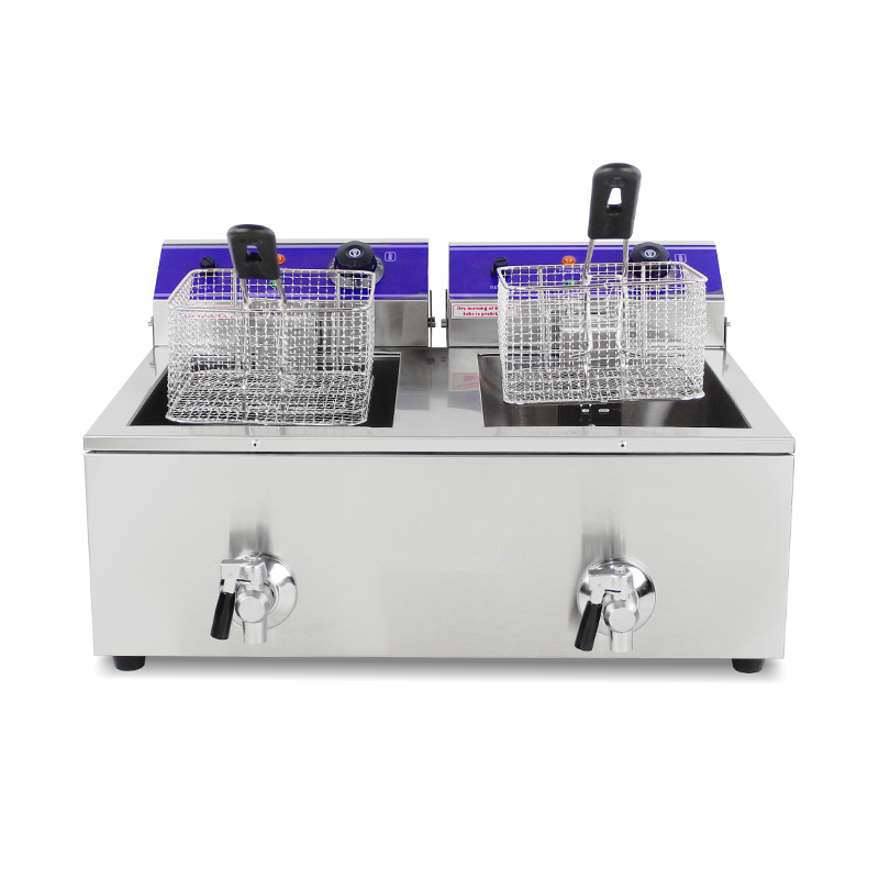 Freidora comercial eléctrica de encimera de acero inoxidable con cestas dobles y válvula