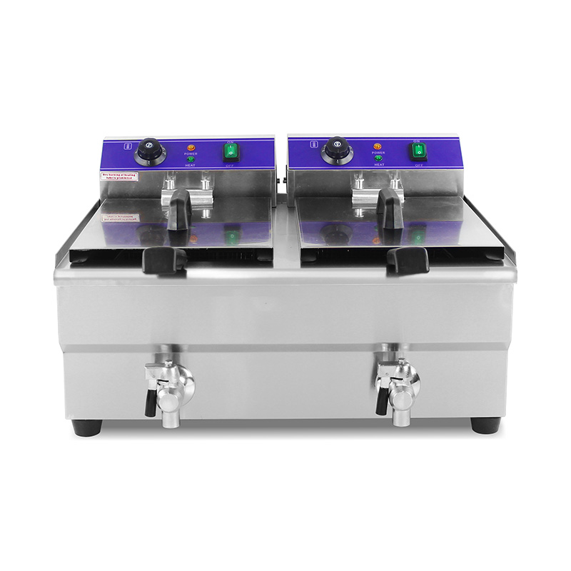 Freidora comercial eléctrica de encimera de acero inoxidable con cestas dobles y válvula