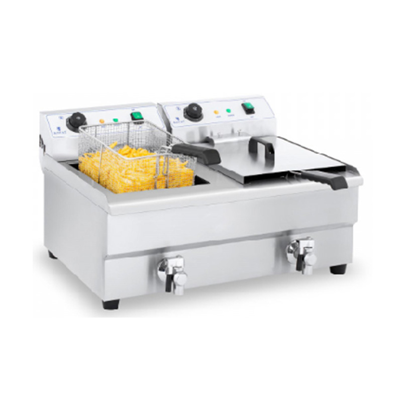 Freidora comercial eléctrica de encimera de acero inoxidable con cestas dobles y válvula