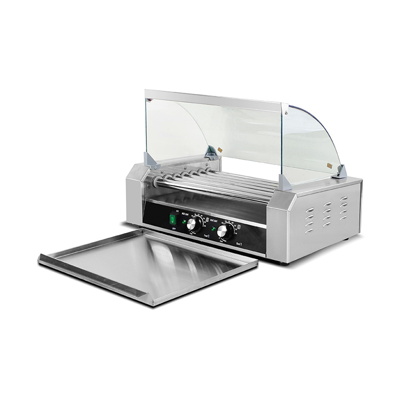 Máquina eléctrica de parrilla de rodillo para perritos calientes de acero inoxidable con cubierta de vidrio
