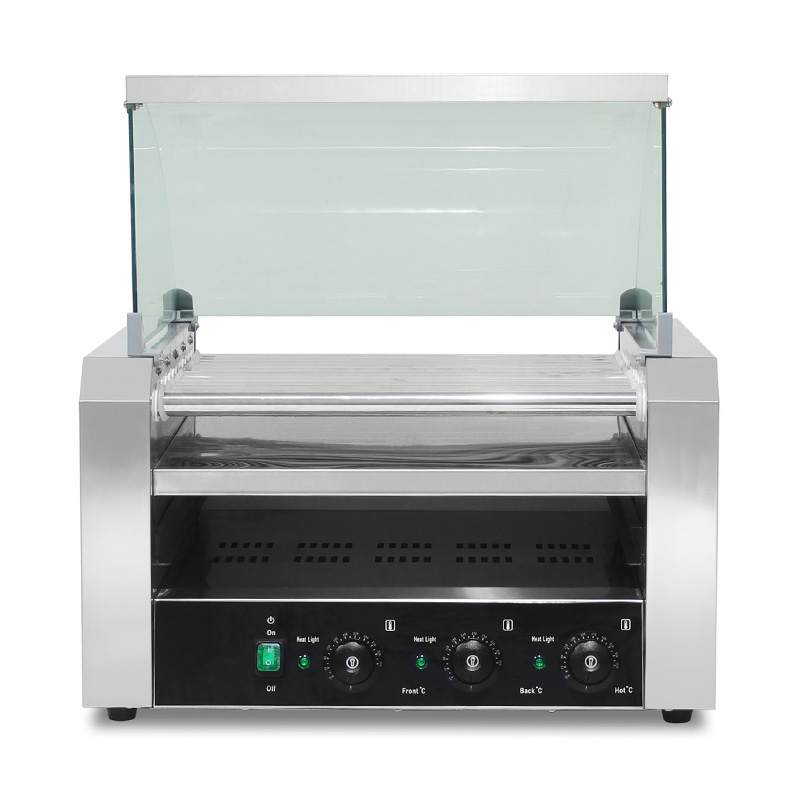 Máquina eléctrica de parrilla de rodillo para perritos calientes de acero inoxidable con cubierta de vidrio