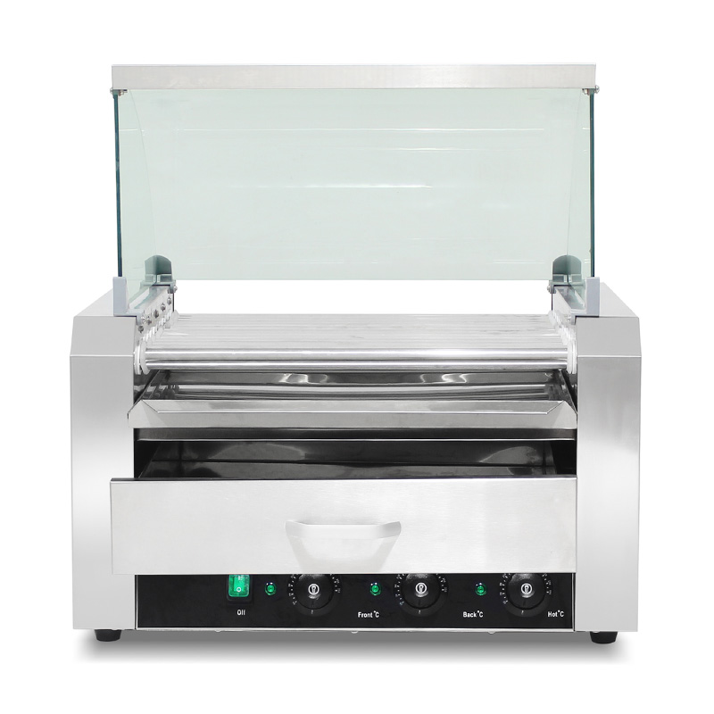 Máquina eléctrica de parrilla de rodillo para perritos calientes de acero inoxidable con cubierta de vidrio