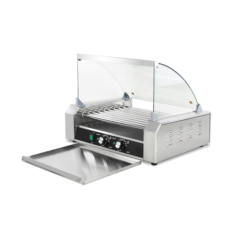 Máquina eléctrica de parrilla de rodillo para perritos calientes de acero inoxidable con cubierta de vidrio