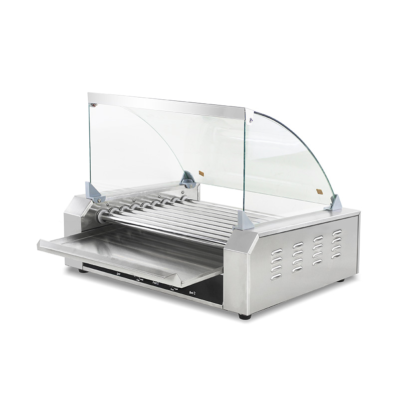 Máquina eléctrica de parrilla de rodillo para perritos calientes de acero inoxidable con cubierta de vidrio