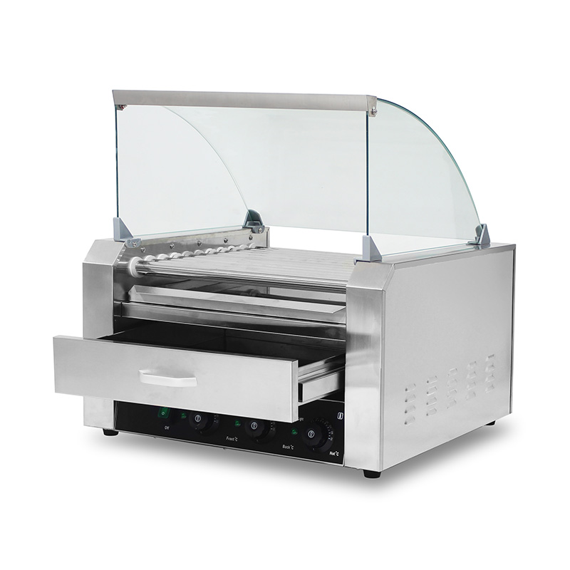 Máquina eléctrica de parrilla de rodillo para perritos calientes de acero inoxidable con cubierta de vidrio