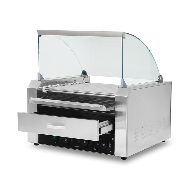 Máquina eléctrica de parrilla de rodillo para perritos calientes de acero inoxidable con cubierta de vidrio