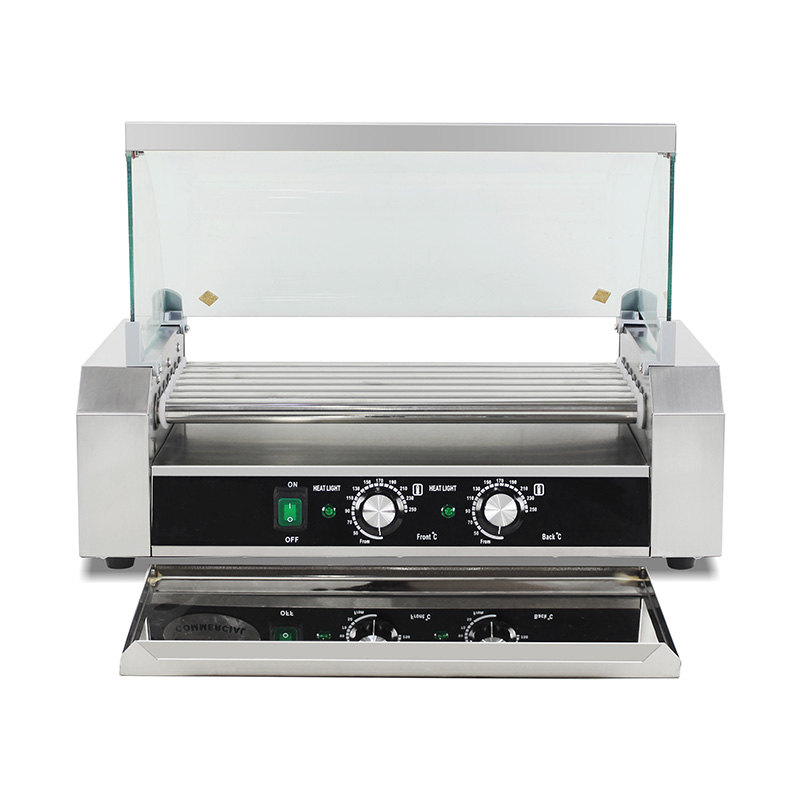 Máquina eléctrica de parrilla de rodillo para perritos calientes de acero inoxidable con cubierta de vidrio