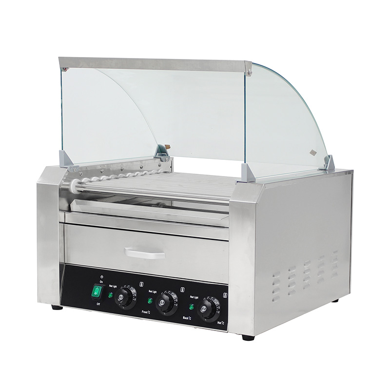 Máquina eléctrica de parrilla de rodillo para perritos calientes de acero inoxidable con cubierta de vidrio