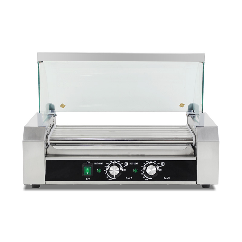 Máquina eléctrica de parrilla de rodillo para perritos calientes de acero inoxidable con cubierta de vidrio