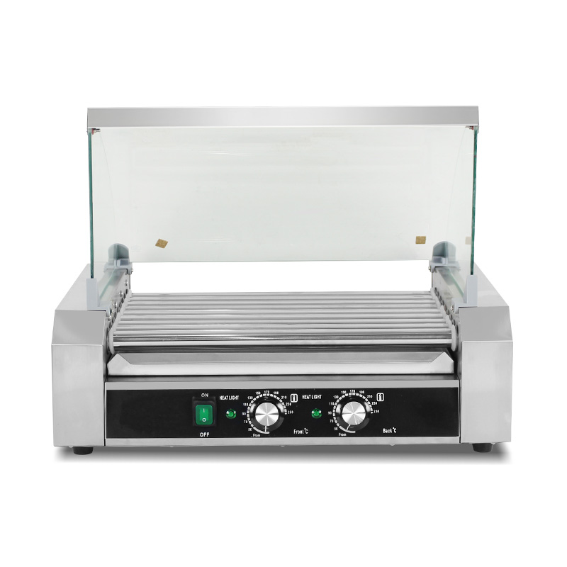 Máquina eléctrica de parrilla de rodillo para perritos calientes de acero inoxidable con cubierta de vidrio